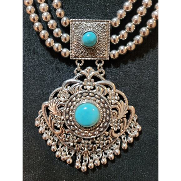 Women Antique Silver Multi-Strand Beaded Turquoise Inlay Ornate Filigree Pendant - Picture 3 of 7